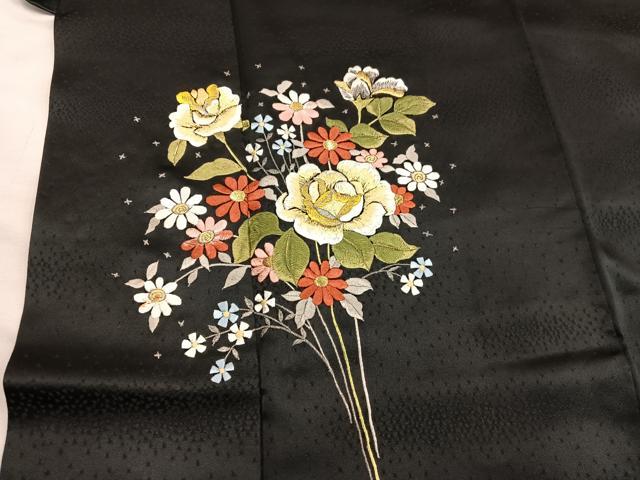 平和屋着物■訪問着　総刺繍　枝花文　黒地　金銀糸　正絹　逸品　BAAY0045mz