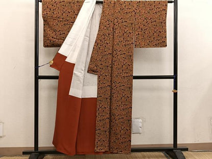 平和屋着物■上質な小紋　楓文　黒地　正絹　逸品　未使用　BAAY0053mz