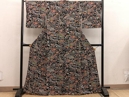 平和屋着物■上質な小紋　型染め　更紗花文　鬼しぼ縮緬　正絹　逸品　BAAY0108mz