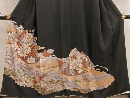平和屋着物■豪華黒留袖　花車文　金彩　正絹　逸品　BAAY0141mz