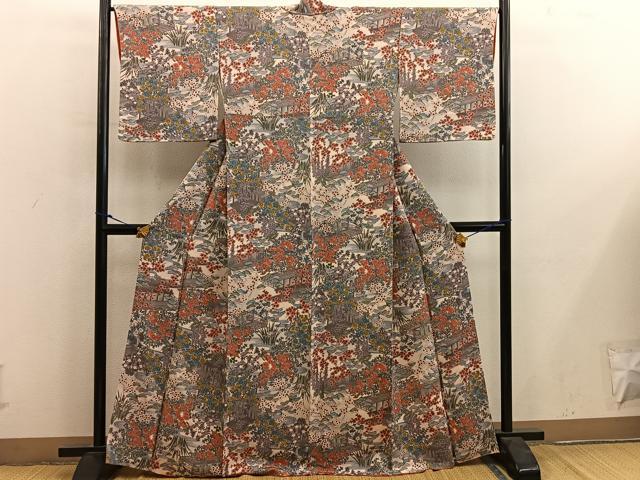 平和屋着物■上質な小紋　風景花文　鬼しぼ縮緬　正絹　逸品　BAAY0153mz