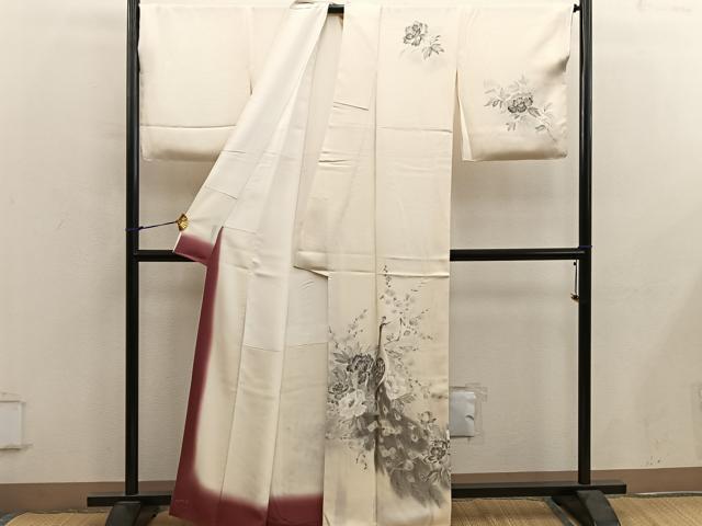 平和屋着物■訪問着　手描き　孔雀花文　正絹　逸品　BAAY0162mz
