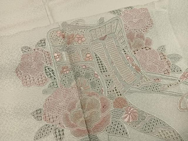 平和屋着物●訪問着　総刺繍　スワトウ刺繍　御所車花文　正絹　逸品　BAAY0182mz