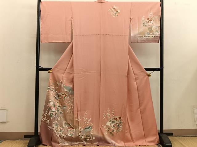 平和屋着物●訪問着　扇面御所車花文　暈し染め　金彩　正絹　逸品　BAAY0193mz