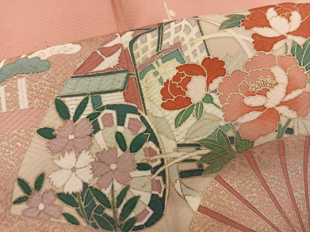 平和屋着物●訪問着　扇面御所車花文　暈し染め　金彩　正絹　逸品　BAAY0193mz