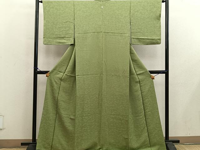 平和屋着物●上質な色無地　菊花地紋　青朽葉色　正絹　逸品　BAAY0213mz