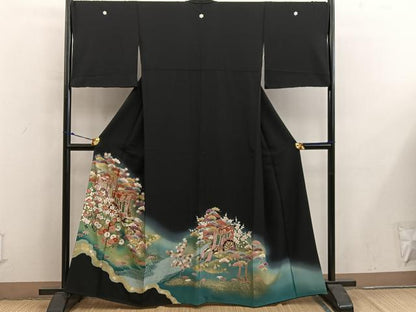 平和屋着物■豪華黒留袖　駒刺繍　御所車花文　暈し染め　金彩　正絹　逸品　BAAY0241mz
