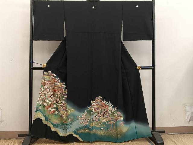 平和屋着物■豪華黒留袖　駒刺繍　御所車花文　暈し染め　金彩　正絹　逸品　BAAY0241mz