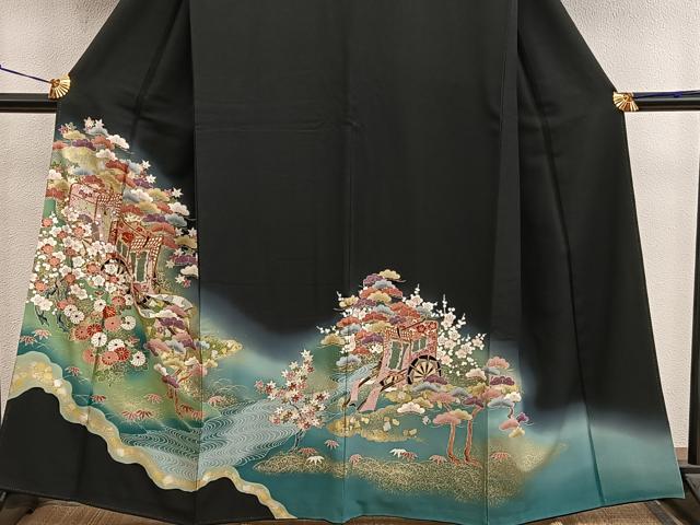 平和屋着物■豪華黒留袖　駒刺繍　御所車花文　暈し染め　金彩　正絹　逸品　BAAY0241mz