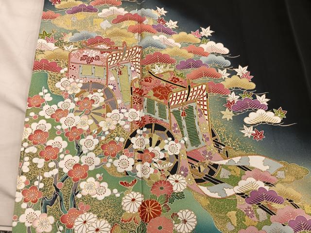 平和屋着物■豪華黒留袖　駒刺繍　御所車花文　暈し染め　金彩　正絹　逸品　BAAY0241mz