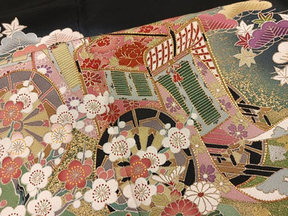 平和屋着物■豪華黒留袖　駒刺繍　御所車花文　暈し染め　金彩　正絹　逸品　BAAY0241mz