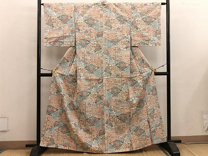 平和屋着物●結城紬　草花文　反端付き　正絹　逸品　BAAY0252mz