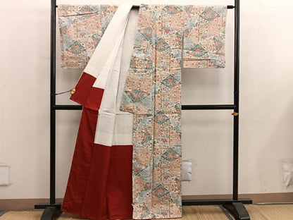 平和屋着物●結城紬　草花文　反端付き　正絹　逸品　BAAY0252mz