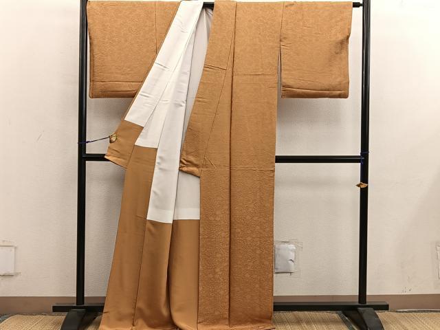 平和屋着物●上質な色無地　草花地紋　黄枯茶色　正絹　逸品　BAAY0261mz