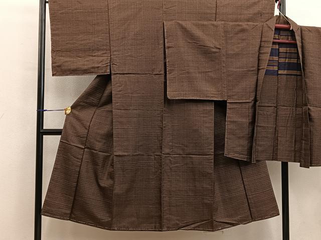 平和屋着物■男性　紬　アンサンブル　格子柄　正絹　逸品　未使用　BAAY0262mz