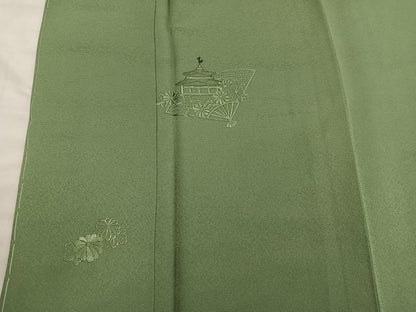 平和屋着物■訪問着　駒刺繍　スワトウ刺繍　扇面風景花地紋　黄海松茶　正絹　逸品　未使用　BAAY0277mz