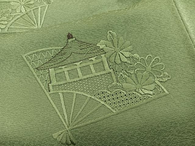 平和屋着物■訪問着　駒刺繍　スワトウ刺繍　扇面風景花地紋　黄海松茶　正絹　逸品　未使用　BAAY0277mz