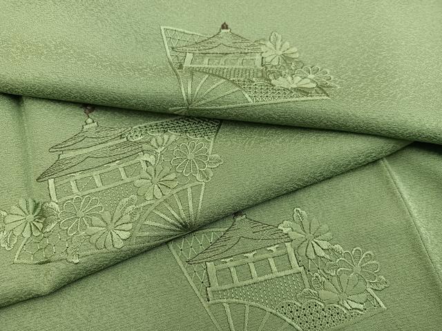 平和屋着物■訪問着　駒刺繍　スワトウ刺繍　扇面風景花地紋　黄海松茶　正絹　逸品　未使用　BAAY0277mz
