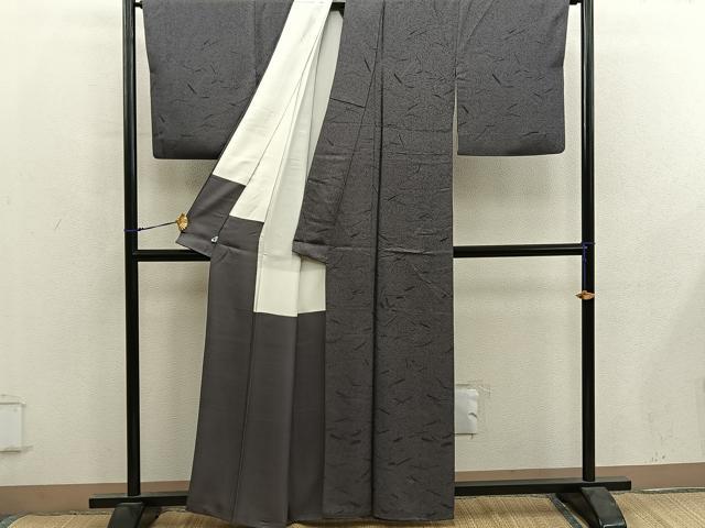 平和屋着物●上質な色無地　幾何学地紋　海松茶色　正絹　逸品　BAAY0282mz