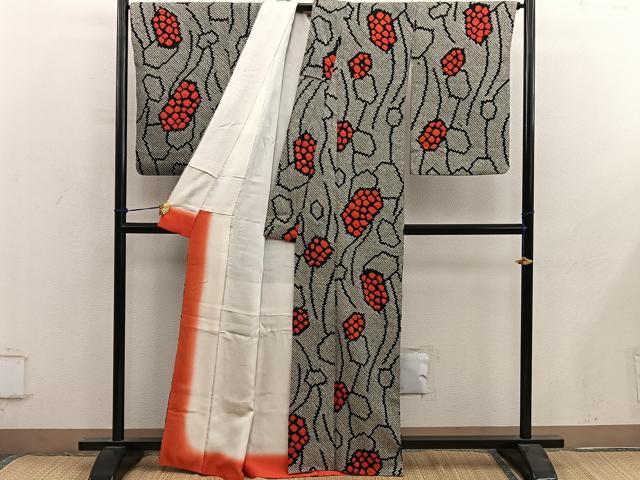平和屋着物●上質な小紋　総絞り　幾何学文様　黒地　正絹　逸品　BAAY0340mz