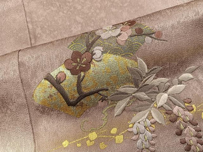 平和屋着物■訪問着　刺繍　地紙重ね枝梅文　暈し染め　金彩　正絹　逸品　BAAY0348mz