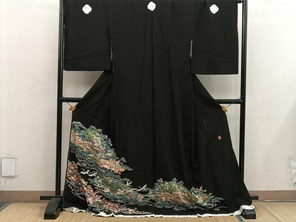 平和屋着物■豪華黒留袖　友禅　作家物　飛鶴風景文　仮絵羽　正絹　逸品　未使用　BAAY0351mz