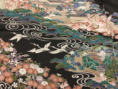 平和屋着物■豪華黒留袖　友禅　作家物　飛鶴風景文　仮絵羽　正絹　逸品　未使用　BAAY0351mz