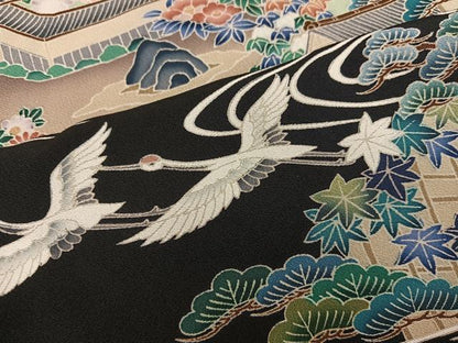 平和屋着物■豪華黒留袖　友禅　作家物　飛鶴風景文　仮絵羽　正絹　逸品　未使用　BAAY0351mz