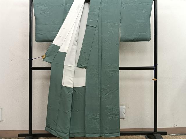 平和屋着物■上質な色無地　風景花地紋　麹塵色　正絹　逸品　未使用　BAAY0355mz