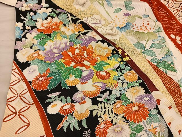 平和屋着物■訪問着　絞り　菊牡丹花文　金彩　正絹　逸品　BAAY0373mz