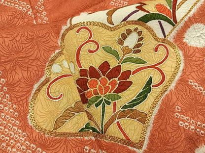 平和屋着物■訪問着　駒刺繍　絞り　草花文　金彩　正絹　逸品　BAAY0405mz