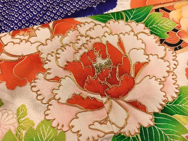 平和屋着物■豪華振袖　駒刺繍　絞り　牡丹花文　金彩　正絹　逸品　BAAY0412mz