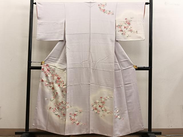 平和屋着物■訪問着　刺繍　草花文　暈し染め　銀彩　正絹　逸品　BAAY0419mz