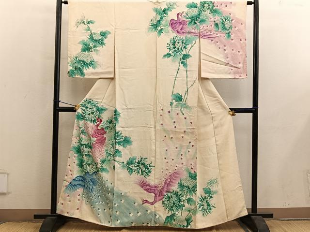 平和屋着物■訪問着　刺繍　孔雀花文　金彩　正絹　逸品　BAAY0429mz