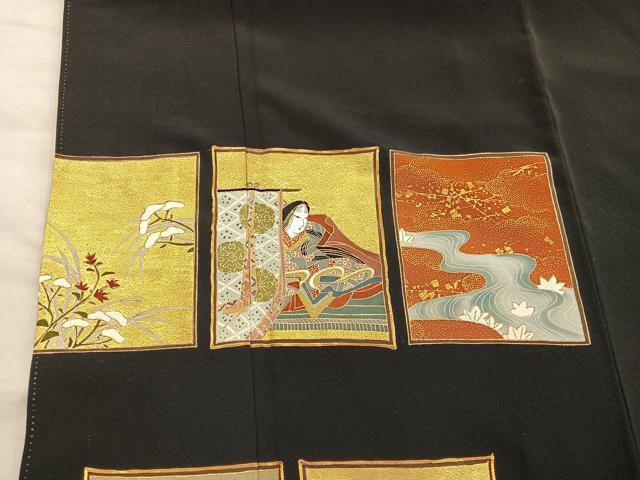 平和屋着物■豪華黒留袖　駒刺繍　色紙人物風景文　金彩　正絹　逸品　BAAY0434mz
