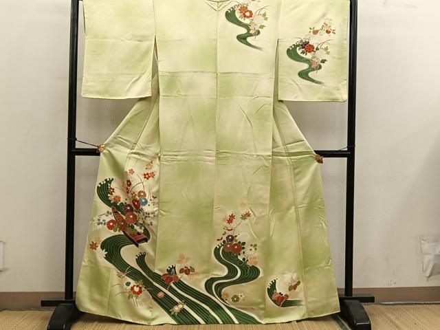 平和屋着物■訪問着　刺繍　流水菊花文　暈し染め　金彩　正絹　逸品　BAAY0448mz