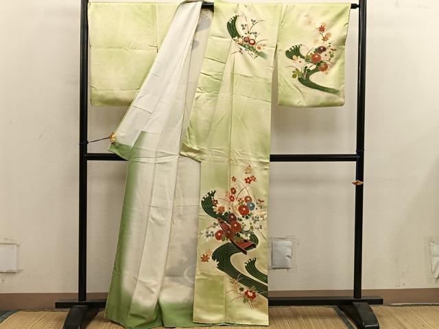 平和屋着物■訪問着　刺繍　流水菊花文　暈し染め　金彩　正絹　逸品　BAAY0448mz