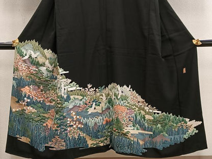 平和屋着物■豪華黒留袖　友禅　作家物　飛鶴風景文　正絹　逸品　BAAY0463mz