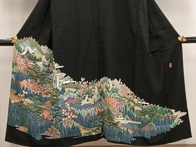 平和屋着物■豪華黒留袖　友禅　作家物　飛鶴風景文　正絹　逸品　BAAY0463mz