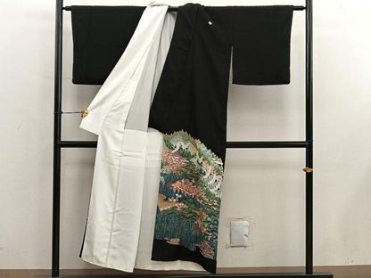 平和屋着物■豪華黒留袖　友禅　作家物　飛鶴風景文　正絹　逸品　BAAY0463mz