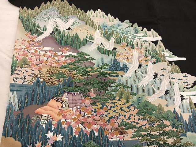 平和屋着物■豪華黒留袖　友禅　作家物　飛鶴風景文　正絹　逸品　BAAY0463mz