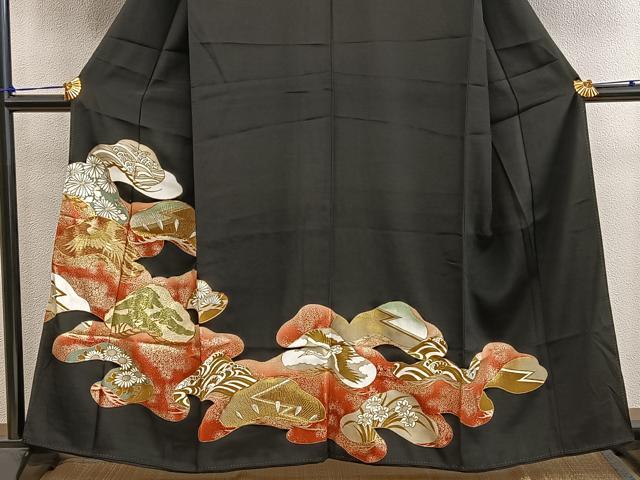 平和屋着物■豪華黒留袖　駒刺繍　鳳凰花文　金彩　正絹　逸品　BAAY0471mz