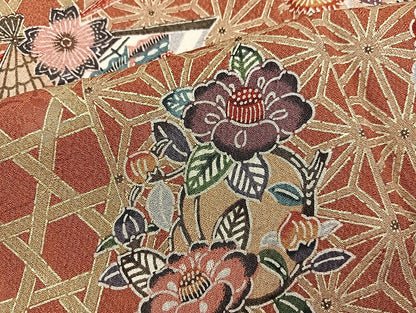 平和屋着物■上質な小紋　型染め　檜扇椿花文　正絹　逸品　BAAY0472mz