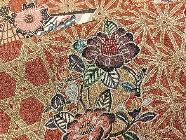 平和屋着物■上質な小紋　型染め　檜扇椿花文　正絹　逸品　BAAY0472mz