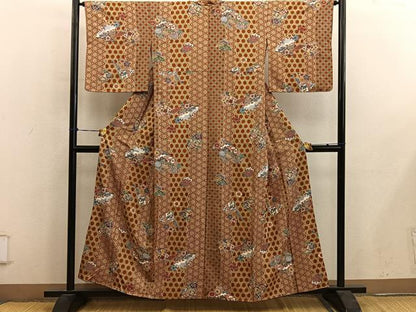 平和屋着物■上質な小紋　型染め　檜扇椿花文　正絹　逸品　BAAY0472mz