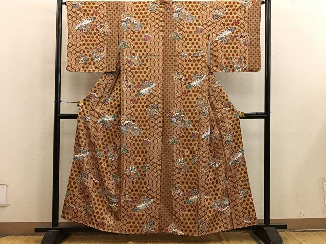 平和屋着物■上質な小紋　型染め　檜扇椿花文　正絹　逸品　BAAY0472mz