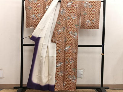 平和屋着物■上質な小紋　型染め　檜扇椿花文　正絹　逸品　BAAY0472mz