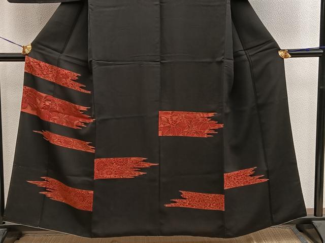 平和屋着物■訪問着　駒刺繍　草花文　黒地　正絹　逸品　BAAY0474mz