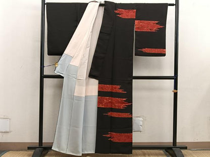 平和屋着物■訪問着　駒刺繍　草花文　黒地　正絹　逸品　BAAY0474mz