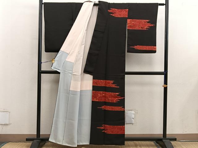 平和屋着物■訪問着　駒刺繍　草花文　黒地　正絹　逸品　BAAY0474mz